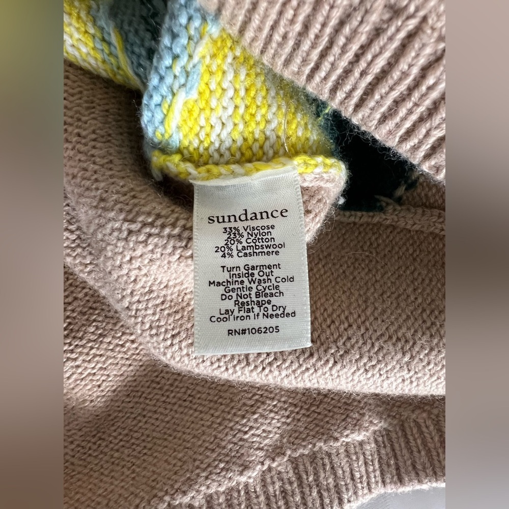 Sundance Winter Flowers Sweater Tan Floral Crewneck Lambswool Cashmere M - Picture 8 of 9